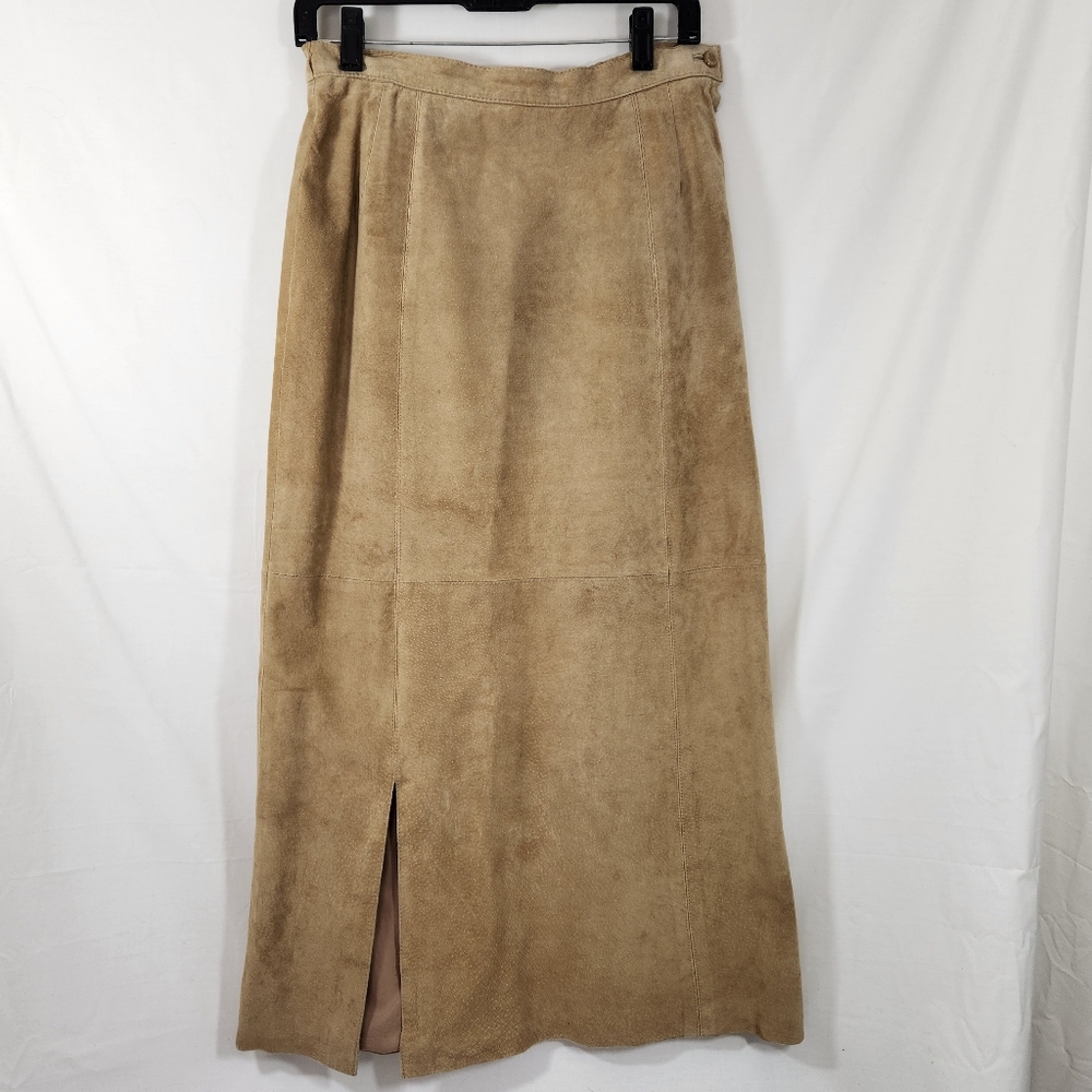 vtg erez levy tan khaki suede leather lined maxi skirt boho western hippie sz s
